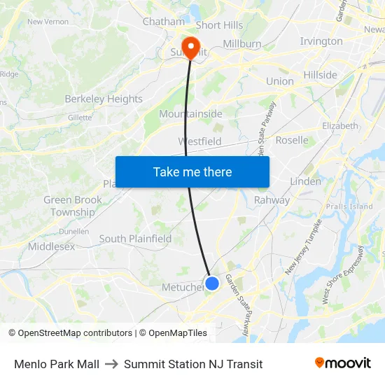 Menlo Park Mall to Summit Station NJ Transit map