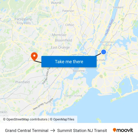 Grand Central Terminal to Summit Station NJ Transit map