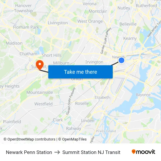 Newark Penn Station to Summit Station NJ Transit map