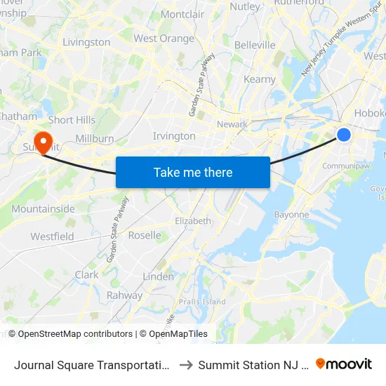 Journal Square Transportation Center to Summit Station NJ Transit map