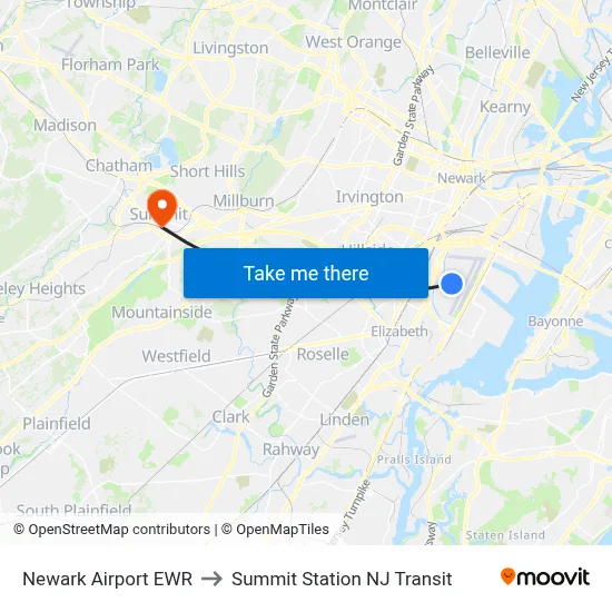 Newark Airport EWR to Summit Station NJ Transit map