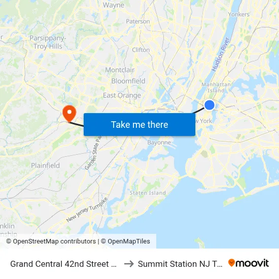 Grand Central 42nd Street Station to Summit Station NJ Transit map