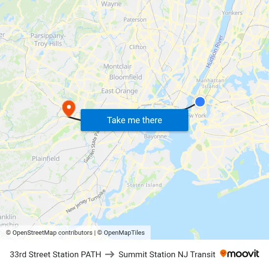 33rd Street Station PATH to Summit Station NJ Transit map