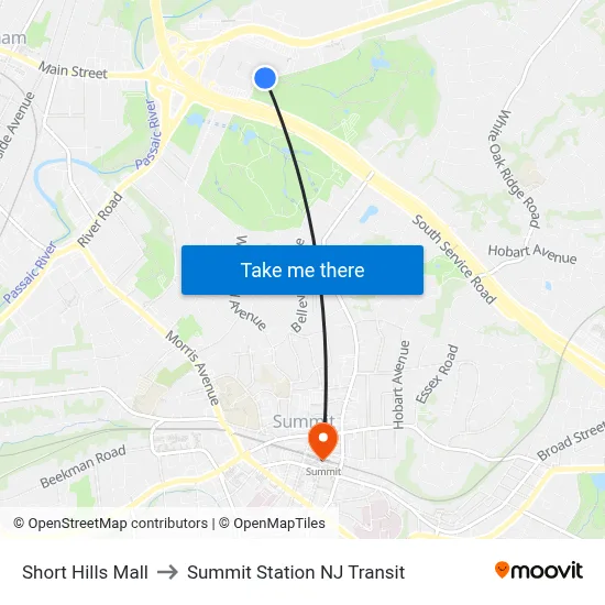 Short Hills Mall to Summit Station NJ Transit map
