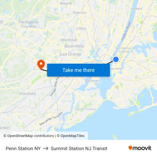 Penn Station NY to Summit Station NJ Transit map
