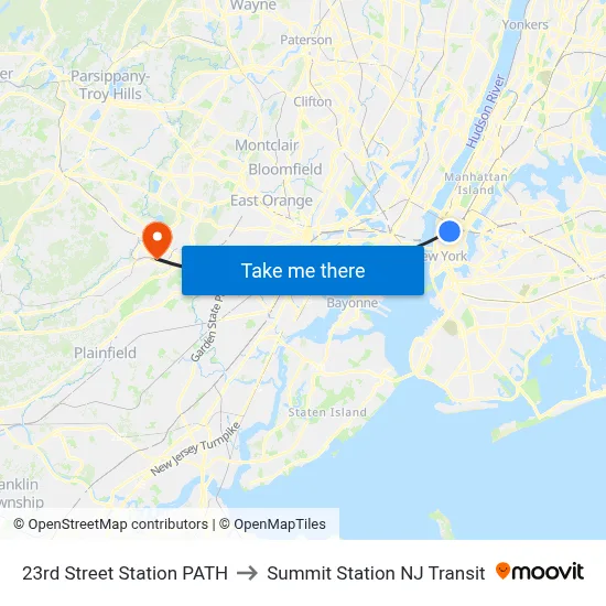 23rd Street Station PATH to Summit Station NJ Transit map