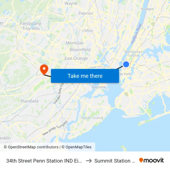 34th Street Penn Station IND Eighth Avenue Line to Summit Station NJ Transit map