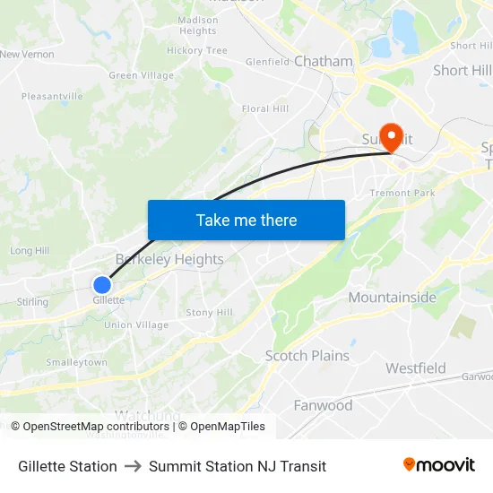 Gillette Station to Summit Station NJ Transit map