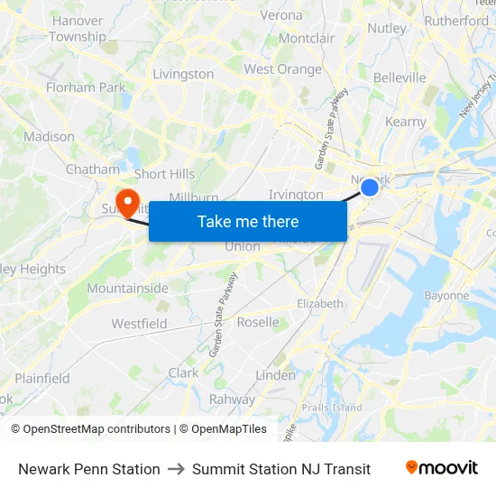 Newark Penn Station to Summit Station NJ Transit map