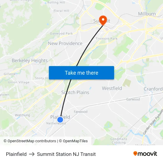 Plainfield to Summit Station NJ Transit map