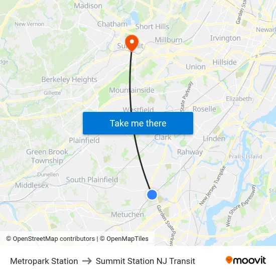 Metropark Station to Summit Station NJ Transit map