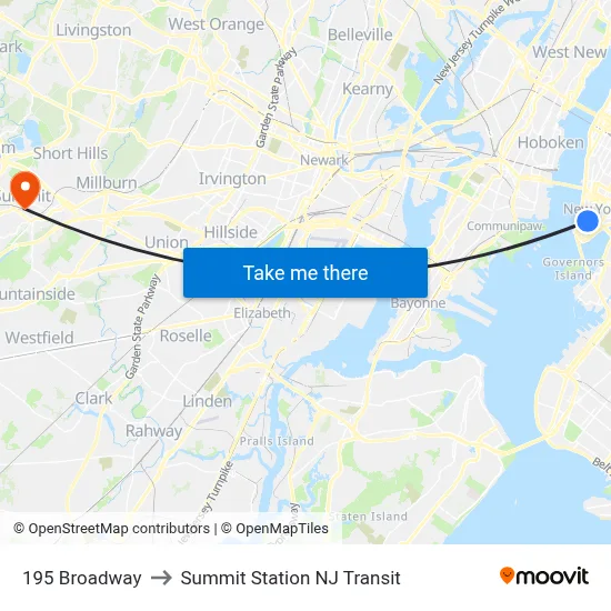 195 Broadway to Summit Station NJ Transit map