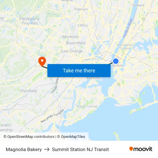 Magnolia Bakery to Summit Station NJ Transit map