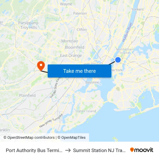Port Authority Bus Terminal to Summit Station NJ Transit map
