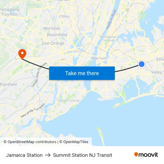 Jamaica Station to Summit Station NJ Transit map