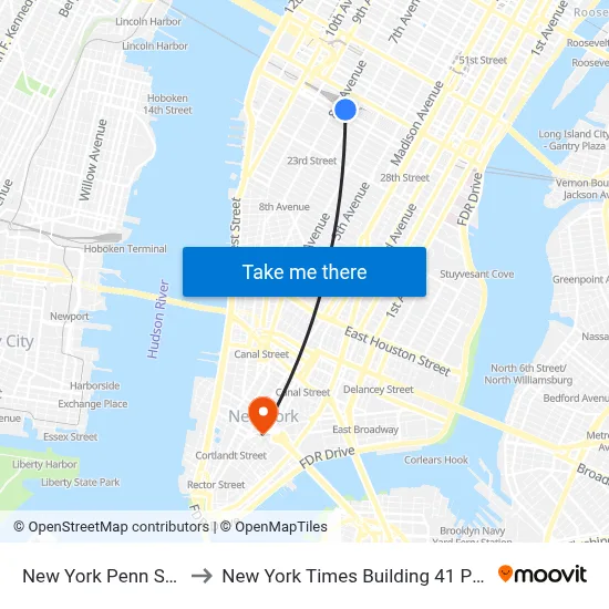 New York Penn Station to New York Times Building 41 Park Row map