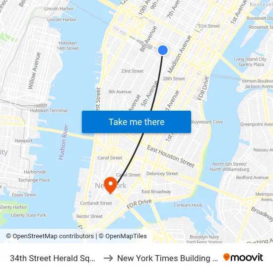34th Street Herald Square Station to New York Times Building 41 Park Row map