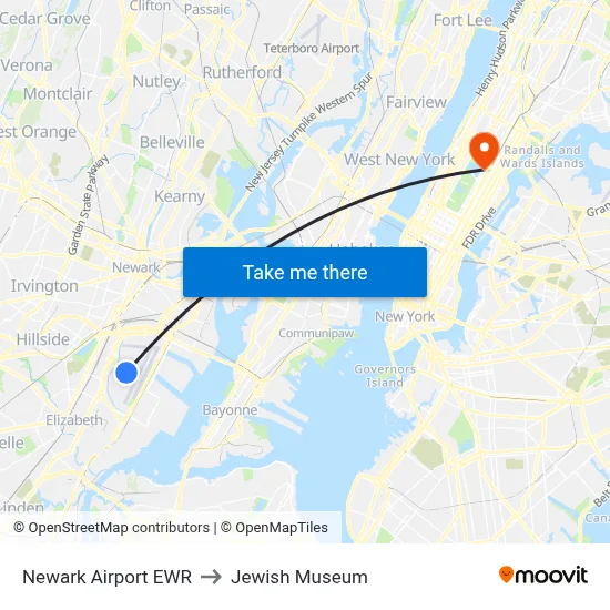 Newark Airport EWR to Jewish Museum map