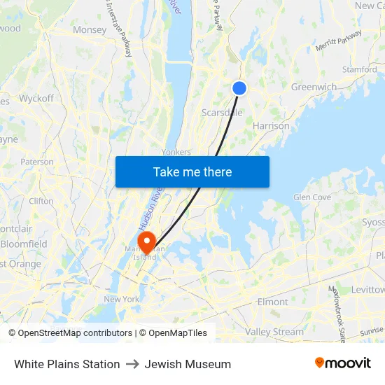 White Plains Station to Jewish Museum map