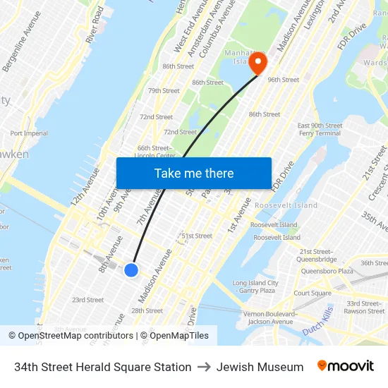 34th Street Herald Square Station to Jewish Museum map