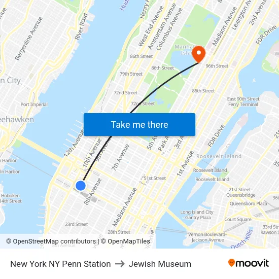 New York NY Penn Station to Jewish Museum map