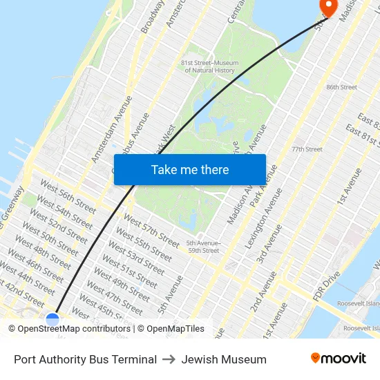 Port Authority Bus Terminal to Jewish Museum map