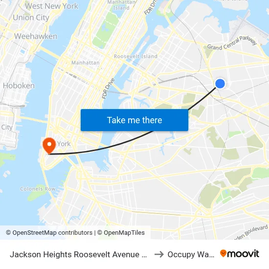 Jackson Heights Roosevelt Avenue 74th Street Station to Occupy Wall Street map