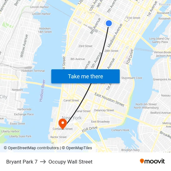 Bryant Park 7 to Occupy Wall Street map