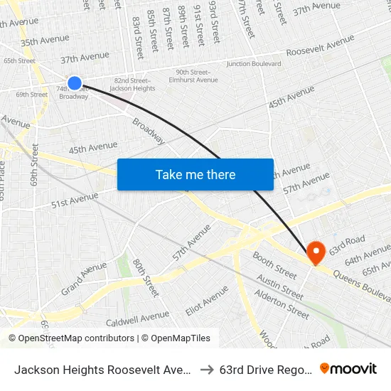 Jackson Heights Roosevelt Avenue 74th Street Station to 63rd Drive Rego Park Station map
