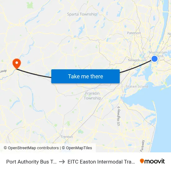 Port Authority Bus Terminal to EITC Easton Intermodal Transit Center map