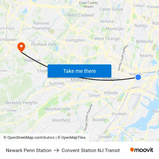Newark Penn Station to Convent Station NJ Transit map