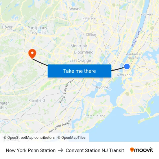 New York Penn Station to Convent Station NJ Transit map
