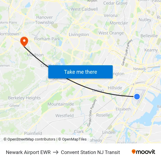 Newark Airport EWR to Convent Station NJ Transit map