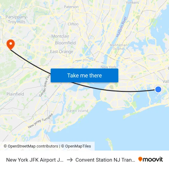New York JFK Airport JFK to Convent Station NJ Transit map