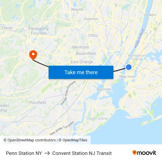 Penn Station NY to Convent Station NJ Transit map