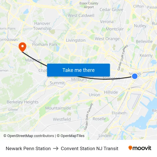 Newark Penn Station to Convent Station NJ Transit map