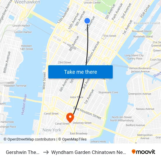 Gershwin Theatre to Wyndham Garden Chinatown New York map