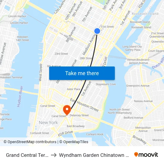Grand Central Terminal to Wyndham Garden Chinatown New York map