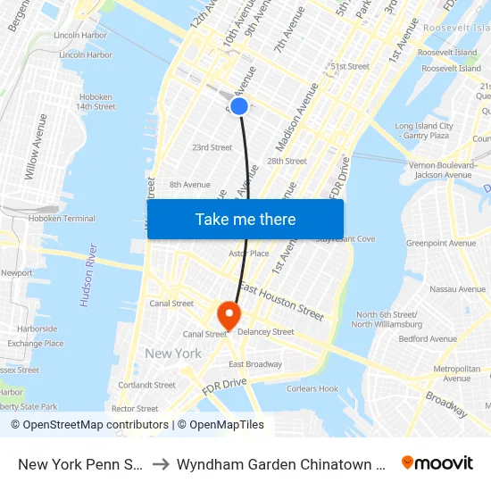 New York Penn Station to Wyndham Garden Chinatown New York map