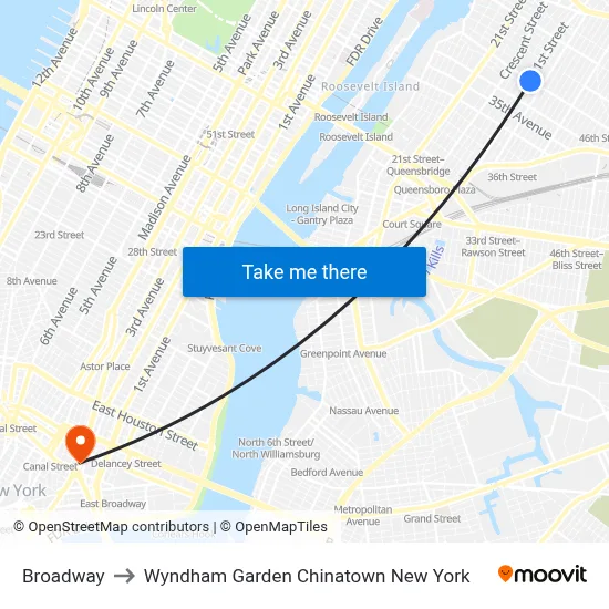 Broadway to Wyndham Garden Chinatown New York map