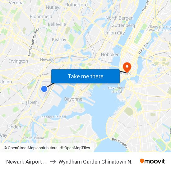 Newark Airport EWR to Wyndham Garden Chinatown New York map