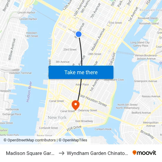 Madison Square Garden Center to Wyndham Garden Chinatown New York map