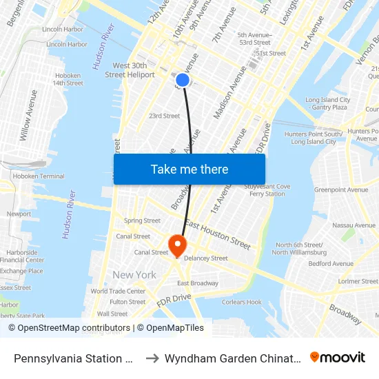 Pennsylvania Station New York City to Wyndham Garden Chinatown New York map