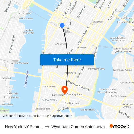 New York NY Penn Station to Wyndham Garden Chinatown New York map