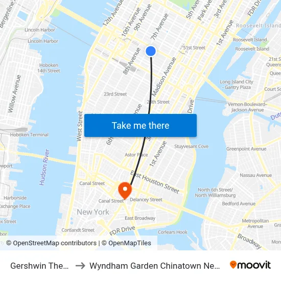 Gershwin Theater to Wyndham Garden Chinatown New York map