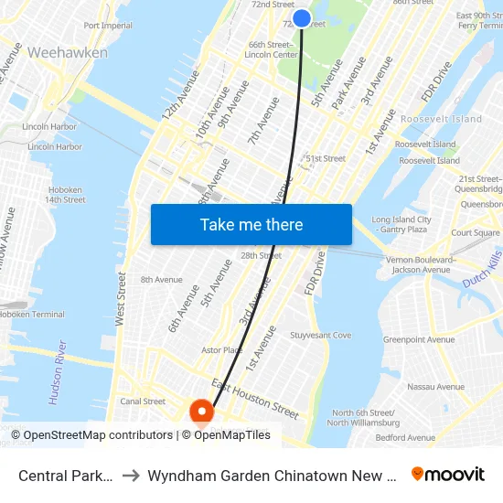 Central Park W, New York, NY 10023 to Wyndham Garden Chinatown New York map