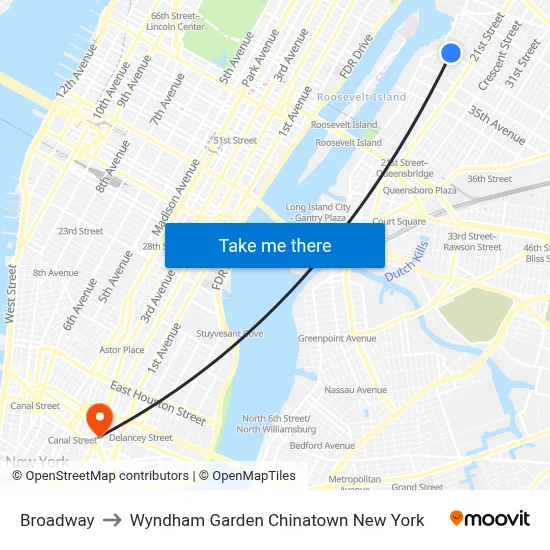 Broadway to Wyndham Garden Chinatown New York map