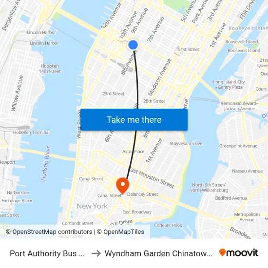 Port Authority Bus Terminal to Wyndham Garden Chinatown New York map