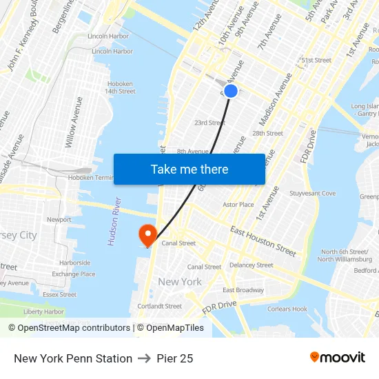 New York Penn Station to Pier 25 map