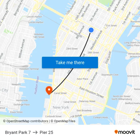 Bryant Park 7 to Pier 25 map